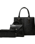Three-piece black crocodile-textured faux leather bag set featuring a spacious tote bag with sturdy handles, a compact mini handbag with a stylish flap closure, and a matching wallet. The set exudes elegance with its bold red color and sophisticated crocodile pattern, perfect for various occasions.