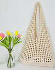 Detailed Close-up of a Boho Chic Crochet Tote Bag, a fashion-forward choice.