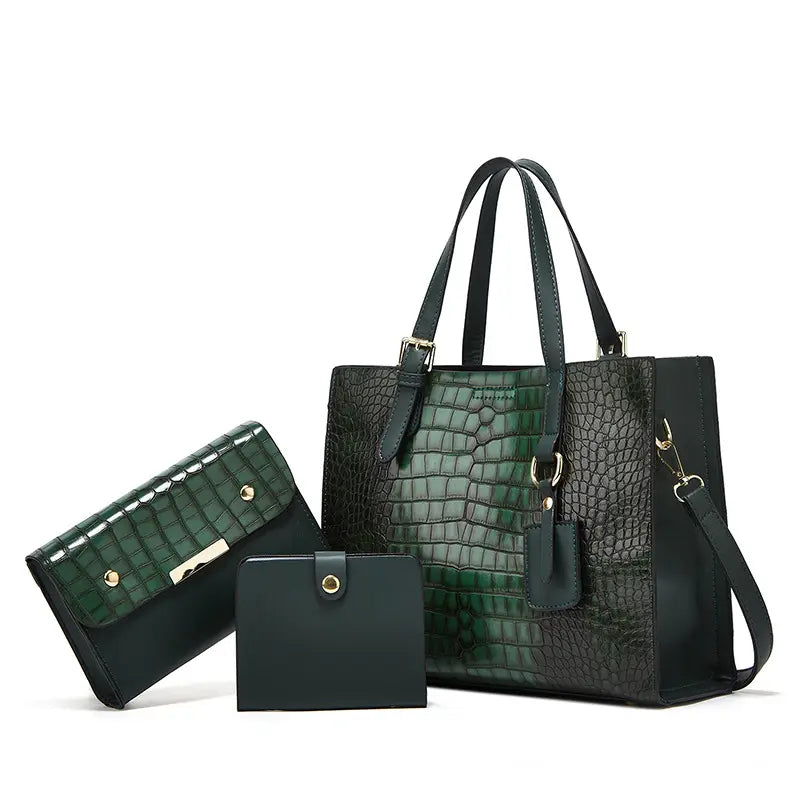 Huffmanx Vintage Crocodile Print Ladies Bag 3 Piece Women's Bag Fashion Shoulder Crossbody Handbag