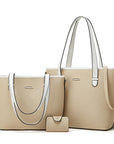 EElegant beige handbag set featuring two matching tote bags of different sizes and a compact wallet. The bags have sleek white straps, minimal gold accents, and a refined leather finish, perfect for stylish everyday use or formal occasions.