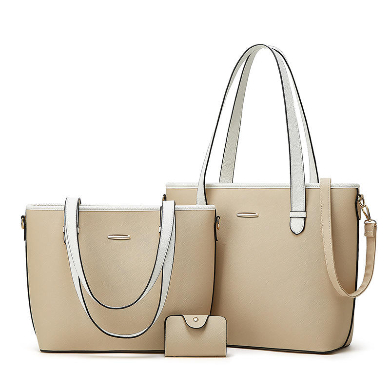 EElegant beige handbag set featuring two matching tote bags of different sizes and a compact wallet. The bags have sleek white straps, minimal gold accents, and a refined leather finish, perfect for stylish everyday use or formal occasions.