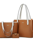 Three-piece leather bag set featuring a dual-tone design with a brown body and camel accents, including a large tote bag, a medium shoulder bag, and a compact wallet. The set offers a sophisticated and versatile style for everyday use.