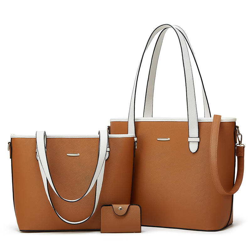 Three-piece leather bag set featuring a dual-tone design with a brown body and camel accents, including a large tote bag, a medium shoulder bag, and a compact wallet. The set offers a sophisticated and versatile style for everyday use.