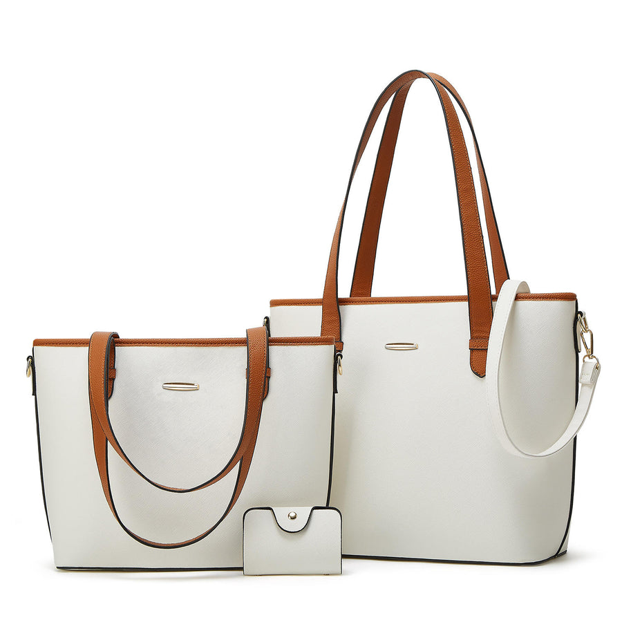 Three-piece leather bag set featuring a dual-tone design with a white body and camel-brown accents, including a large tote bag, a medium shoulder bag, and a compact wallet. The set offers a sophisticated and versatile style for everyday use.