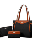 Three-piece leather bag set including a brown and black tote bag, a matching clutch with a chain strap, and a wallet with gold-tone details, displayed on a neutral background.