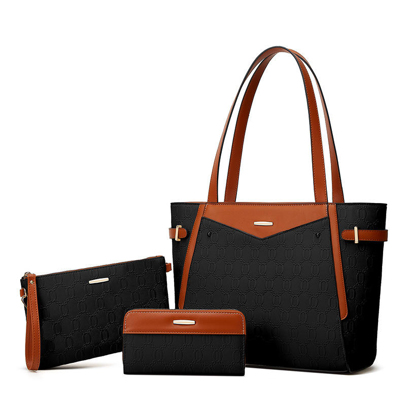 Three-piece leather bag set including a brown and black tote bag, a matching clutch with a chain strap, and a wallet with gold-tone details, displayed on a neutral background.