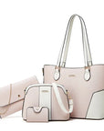 A stylish 4-piece bag set in soft pastel pink and white, including a large tote bag with long handles, a medium-sized crossbody bag, a slim clutch with a gold chain strap, and a compact wallet, all featuring elegant gold accents and a modern design.