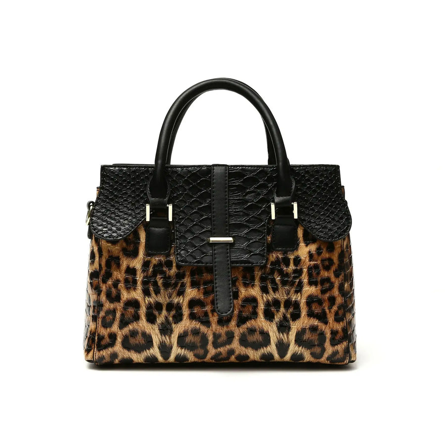 Premium leopard leather handbag set featuring a spacious handbag with snake-embossed details, an envelope-style clutch, and a compact wallet, all designed with textured finishes and metallic accents, displayed against a clean white background.