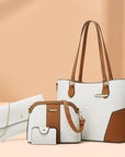 A 4-piece leather bag set displayed on a beige background. The set includes a white tote bag with caramel brown accents and gold hardware, a matching crossbody bag with an adjustable strap, a sleek white clutch purse with a gold chain strap, and a compact wallet with a snap closure. The design emphasizes elegance and versatility, blending neutral tones with functional styling.