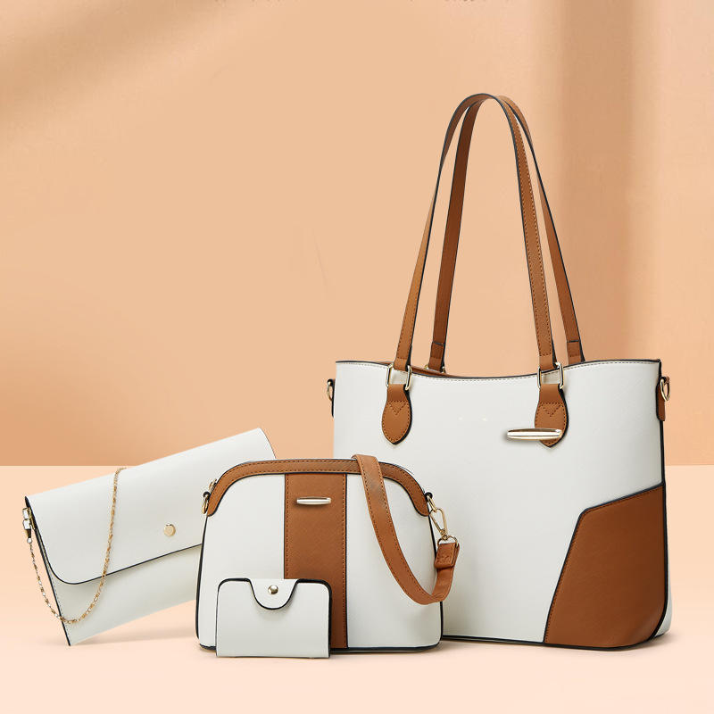 A 4-piece leather bag set displayed on a beige background. The set includes a white tote bag with caramel brown accents and gold hardware, a matching crossbody bag with an adjustable strap, a sleek white clutch purse with a gold chain strap, and a compact wallet with a snap closure. The design emphasizes elegance and versatility, blending neutral tones with functional styling.