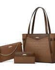 Elegant leather bag set featuring a textured geometric design, perfect for versatile use as a tote, clutch, and wallet.