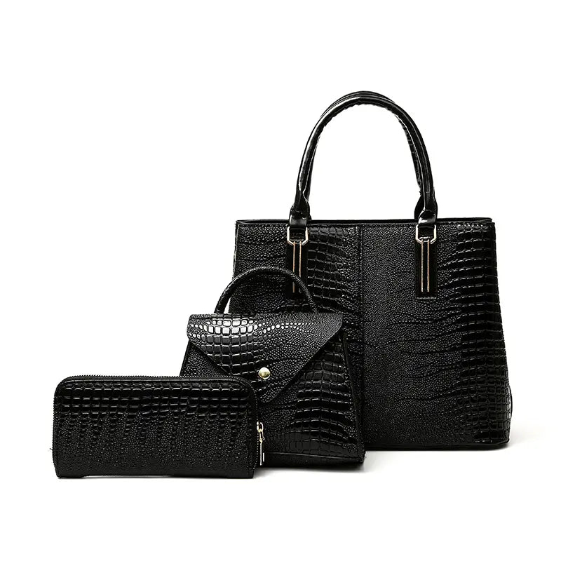 Three-piece black crocodile-textured faux leather bag set featuring a spacious tote bag with sturdy handles, a compact mini handbag with a stylish flap closure, and a matching wallet. The set exudes elegance with its bold red color and sophisticated crocodile pattern, perfect for various occasions.