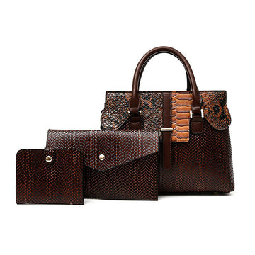 Premium brown leather handbag set featuring a spacious handbag with snake-embossed details, an envelope-style clutch, and a compact wallet, all designed with textured finishes and metallic accents, displayed against a clean white background.