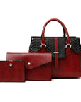 Premium red leather handbag set featuring a spacious handbag with snake-embossed details, an envelope-style clutch, and a compact wallet, all designed with textured finishes and metallic accents, displayed against a clean white background.