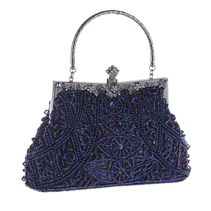 An image of the Vintage Bead Embroidery Evening Bag, a classic and sophisticated accessory adorned with intricate bead embroidery. Ideal for special occasions, qipao ensembles, brides, and bridesmaids.