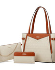 Elegant leather bag set featuring a textured geometric design, perfect for versatile use as a tote, clutch, and wallet.