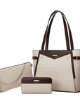 Elegant leather bag set featuring a textured geometric design, perfect for versatile use as a tote, clutch, and wallet.