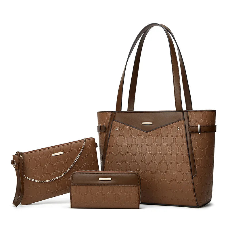 Elegant leather bag set featuring a textured geometric design, perfect for versatile use as a tote, clutch, and wallet.