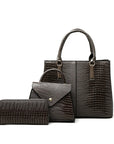 Three-piece grey crocodile-textured faux leather bag set featuring a spacious tote bag with sturdy handles, a compact mini handbag with a stylish flap closure, and a matching wallet. The set exudes elegance with its bold red color and sophisticated crocodile pattern, perfect for various occasions.