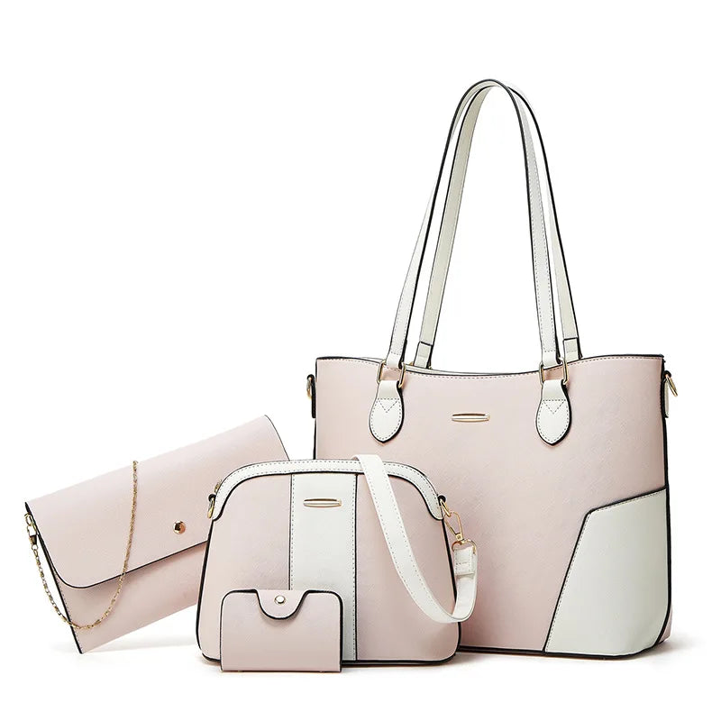 A stylish 4-piece bag set in soft pastel pink and white, including a large tote bag with long handles, a medium-sized crossbody bag, a slim clutch with a gold chain strap, and a compact wallet, all featuring elegant gold accents and a modern design.