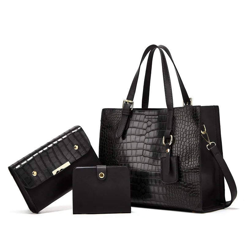 Huffmanx Vintage Crocodile Print Ladies Bag 3 Piece Women's Bag Fashion Shoulder Crossbody Handbag