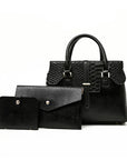 Premium black leather handbag set featuring a spacious handbag with snake-embossed details, an envelope-style clutch, and a compact wallet, all designed with textured finishes and metallic accents, displayed against a clean white background.