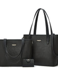 Three-piece leather bag set featuring a dual-tone design with black, including a large tote bag, a medium shoulder bag, and a compact wallet. The set offers a sophisticated and versatile style for everyday use.