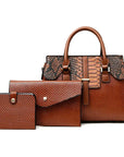 Premium brown leather handbag set featuring a spacious handbag with snake-embossed details, an envelope-style clutch, and a compact wallet, all designed with textured finishes and metallic accents, displayed against a clean white background.