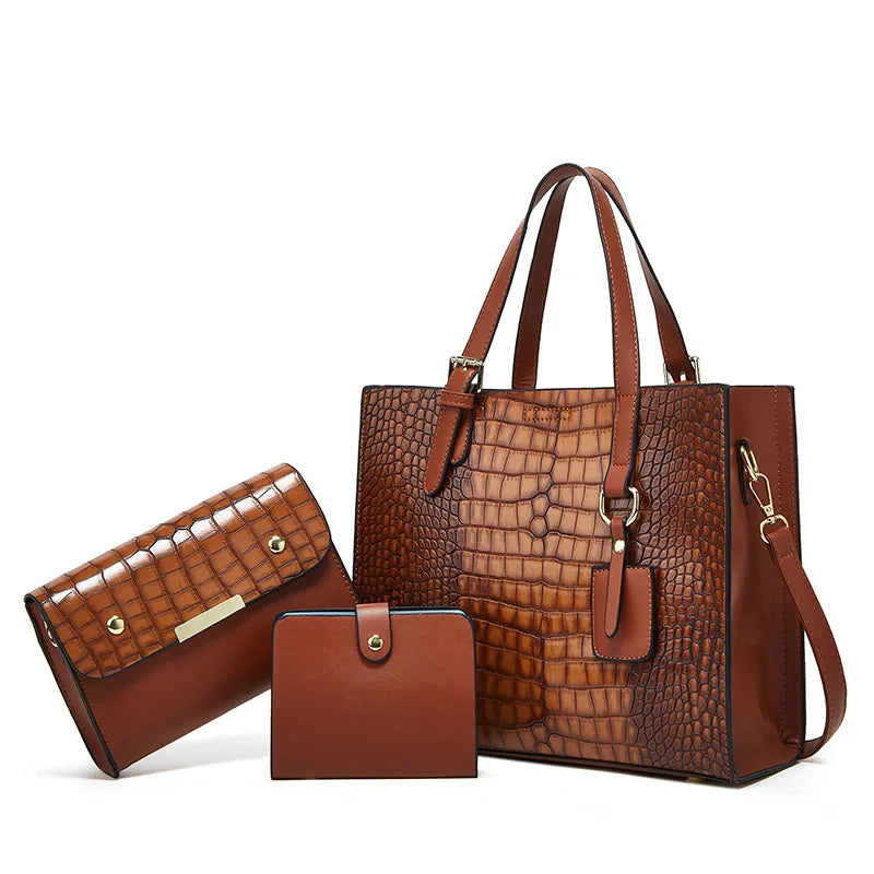 Huffmanx Vintage Crocodile Print Ladies Bag 3 Piece Women's Bag Fashion Shoulder Crossbody Handbag