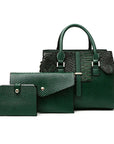 Premium green leather handbag set featuring a spacious handbag with snake-embossed details, an envelope-style clutch, and a compact wallet, all designed with textured finishes and metallic accents, displayed against a clean white background.