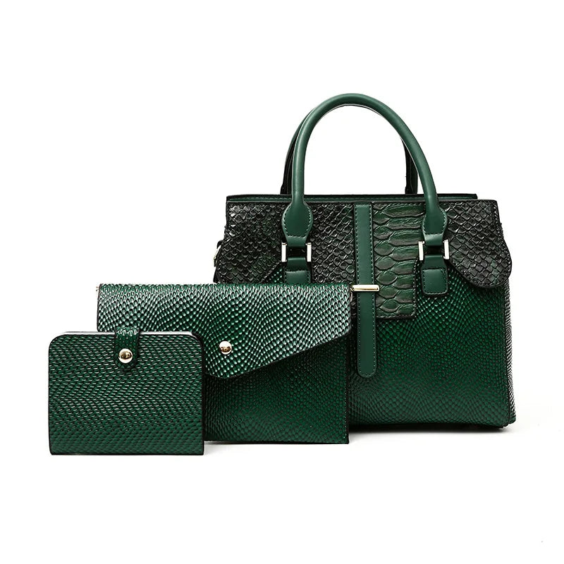 Premium green leather handbag set featuring a spacious handbag with snake-embossed details, an envelope-style clutch, and a compact wallet, all designed with textured finishes and metallic accents, displayed against a clean white background.