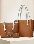 Three-piece leather bag set featuring a dual-tone design with a brown body and camel accents, including a large tote bag, a medium shoulder bag, and a compact wallet. The set offers a sophisticated and versatile style for everyday use.