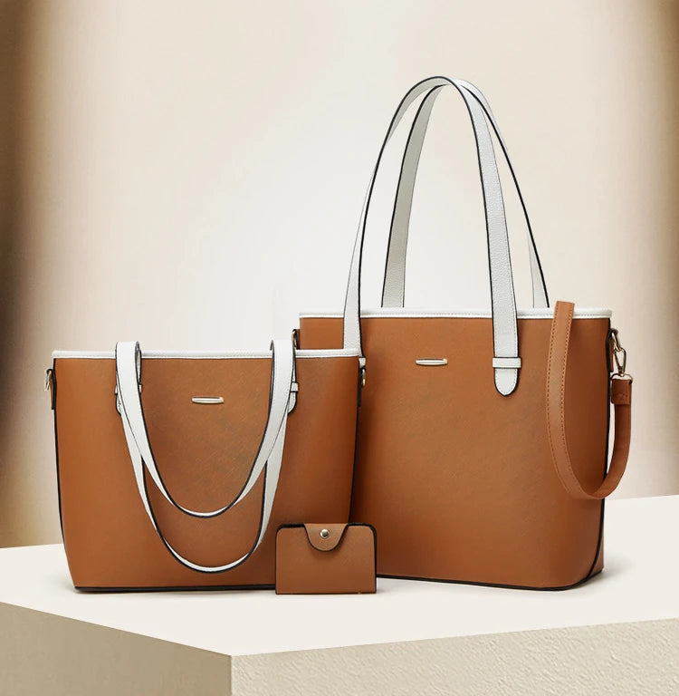 Three-piece leather bag set featuring a dual-tone design with a brown body and camel accents, including a large tote bag, a medium shoulder bag, and a compact wallet. The set offers a sophisticated and versatile style for everyday use.