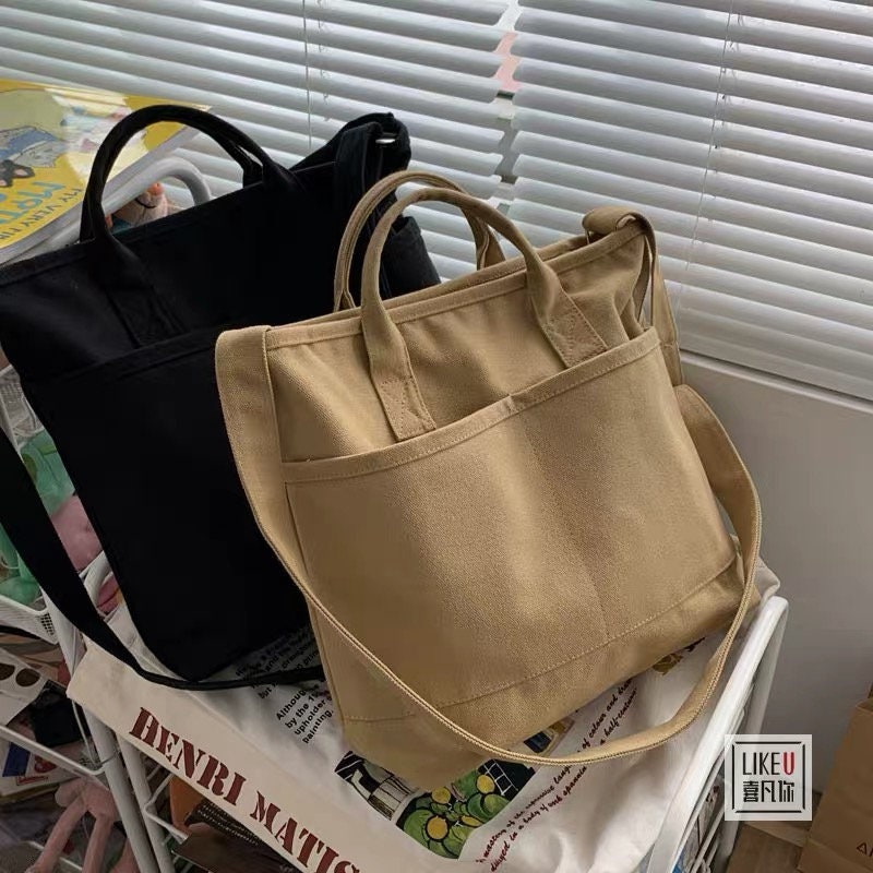 Trendy Canvas Handbag with Top Handle and Convertible Shoulder Strap
